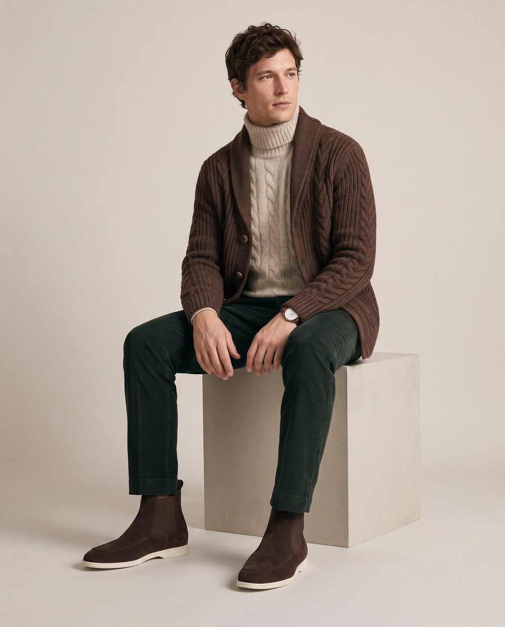 The Bethel Chelsea Boot in Espresso, full look with chocolate cable-knit cardigan, oatmeal turtleneck and green corduroy trousers