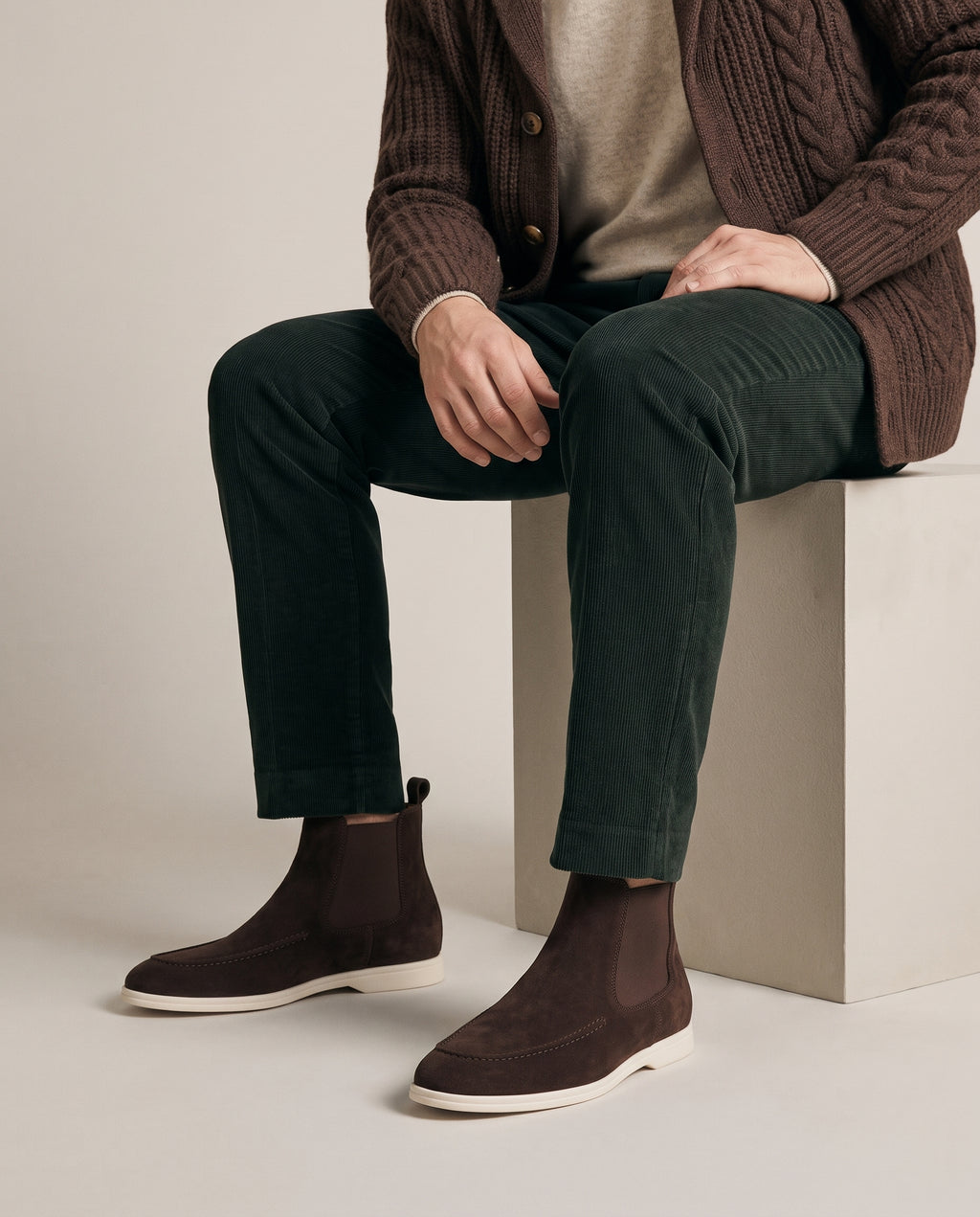 The Bethel Chelsea Boot in Espresso, worn with forest green corduroy trousers