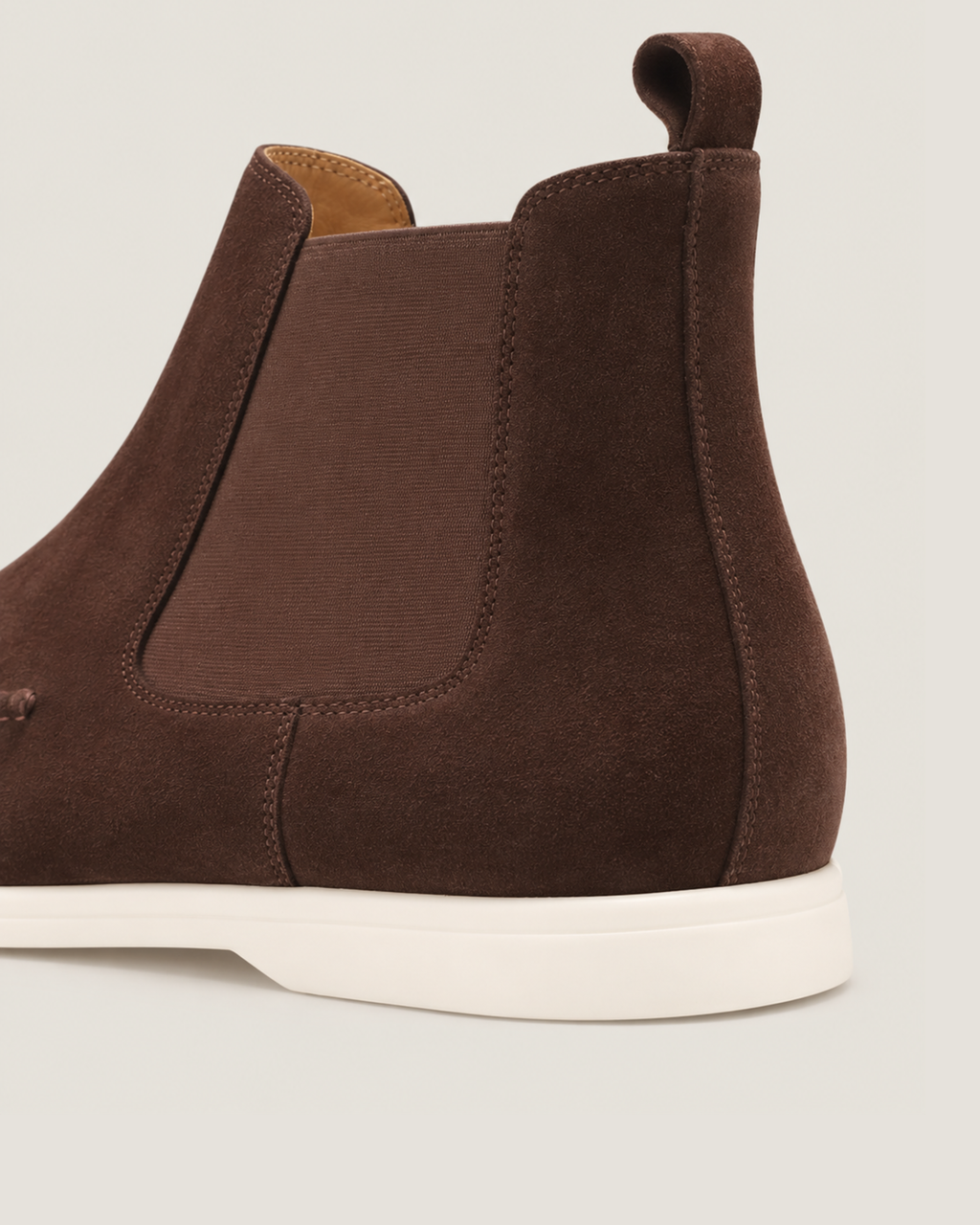 The Bethel Chelsea Boot in Espresso, elastic side panel and pull tab detail