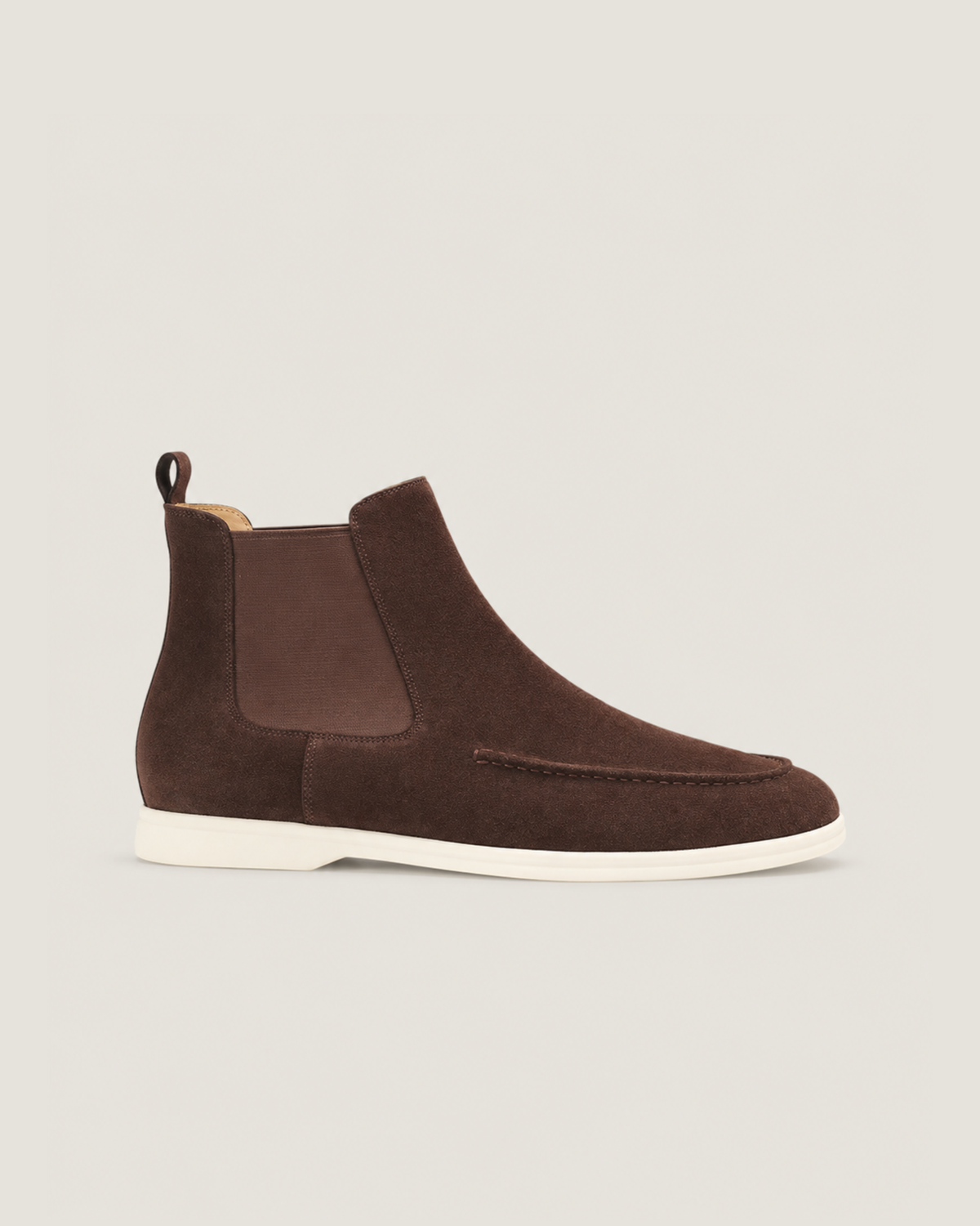 The Bethel Chelsea Boot in Espresso, side profile with white rubber sole