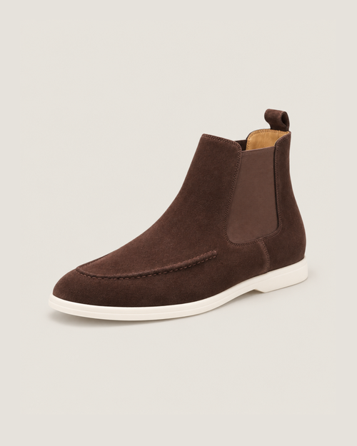 The Bethel Chelsea Boot in Espresso, suede Chelsea boot for men, three-quarter view