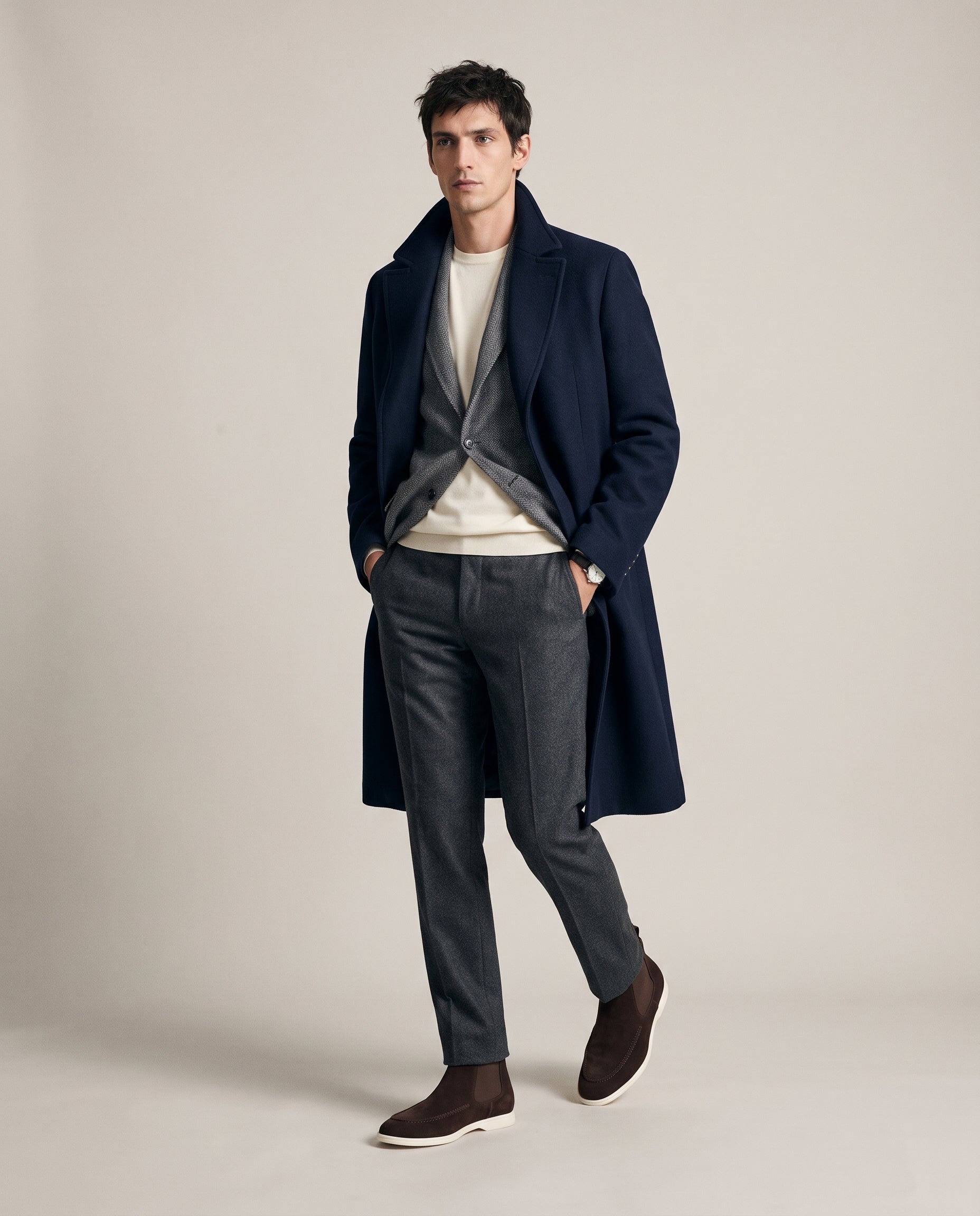 The Bethel Chelsea Boot in Espresso, worn with a navy wool overcoat and charcoal flannel trousers