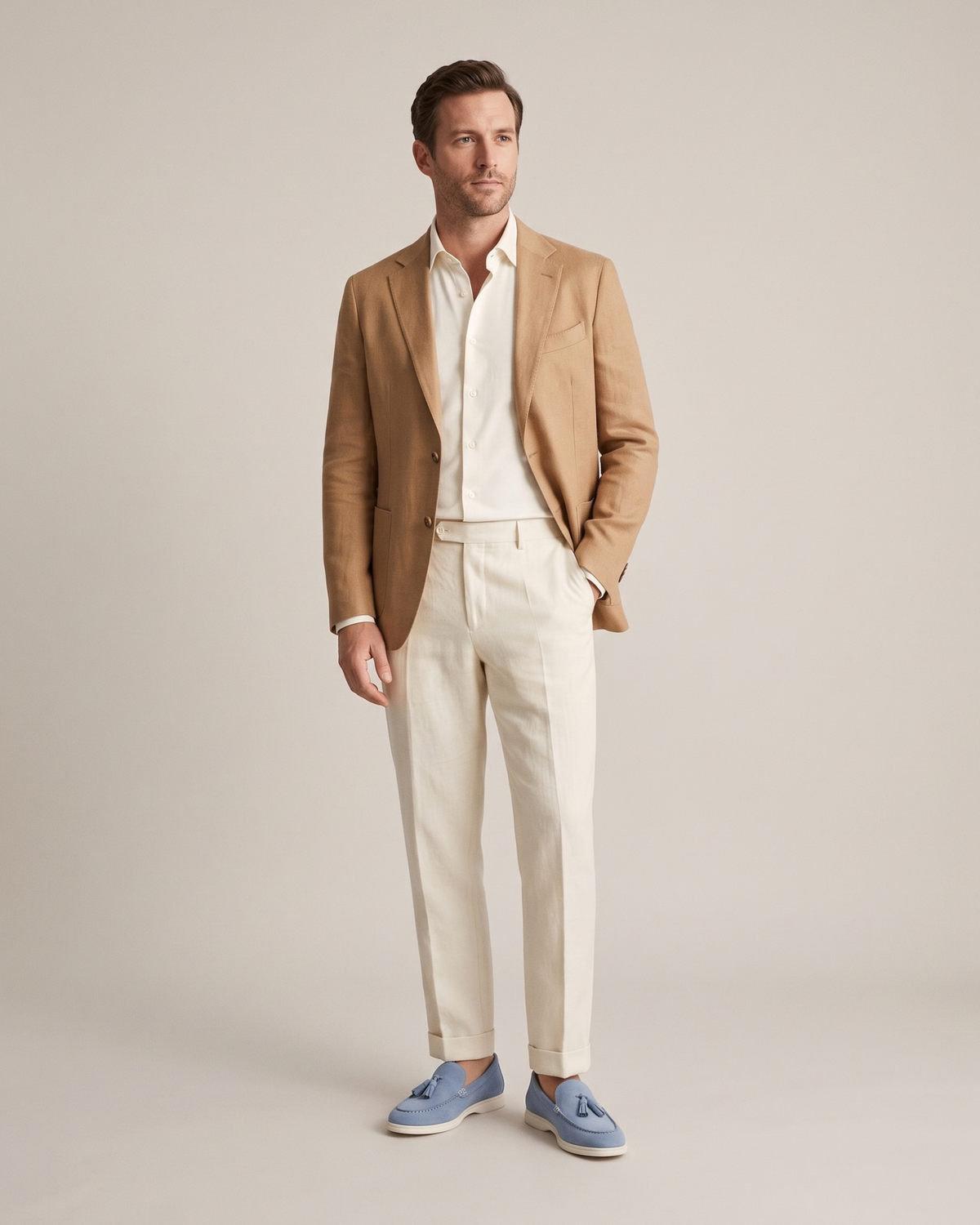 The Emmaus Loafer in Capri Mist, full look with camel blazer, ivory shirt and cuffed ivory linen trousers
