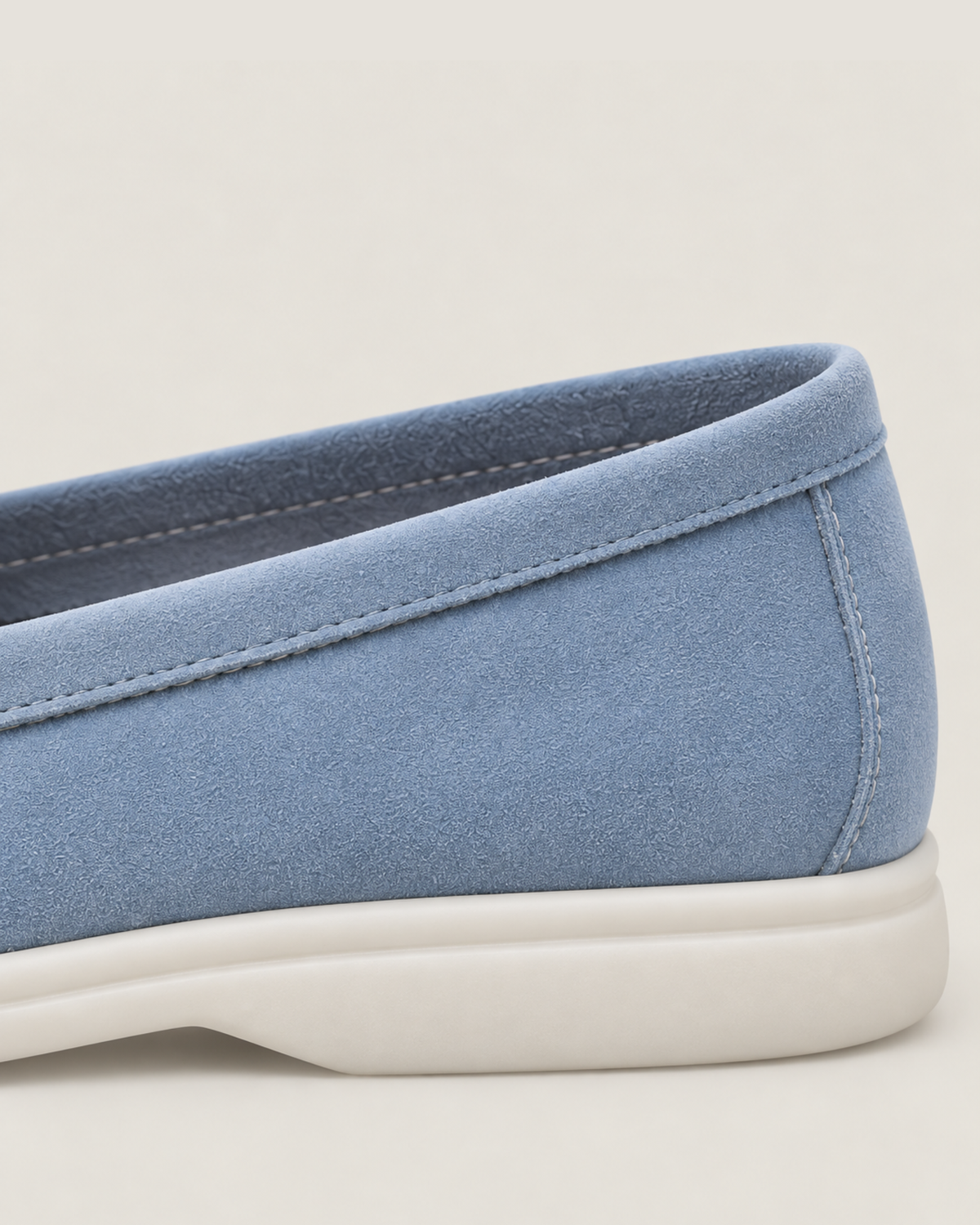 The Emmaus Loafer in Capri Mist, heel and suede detail