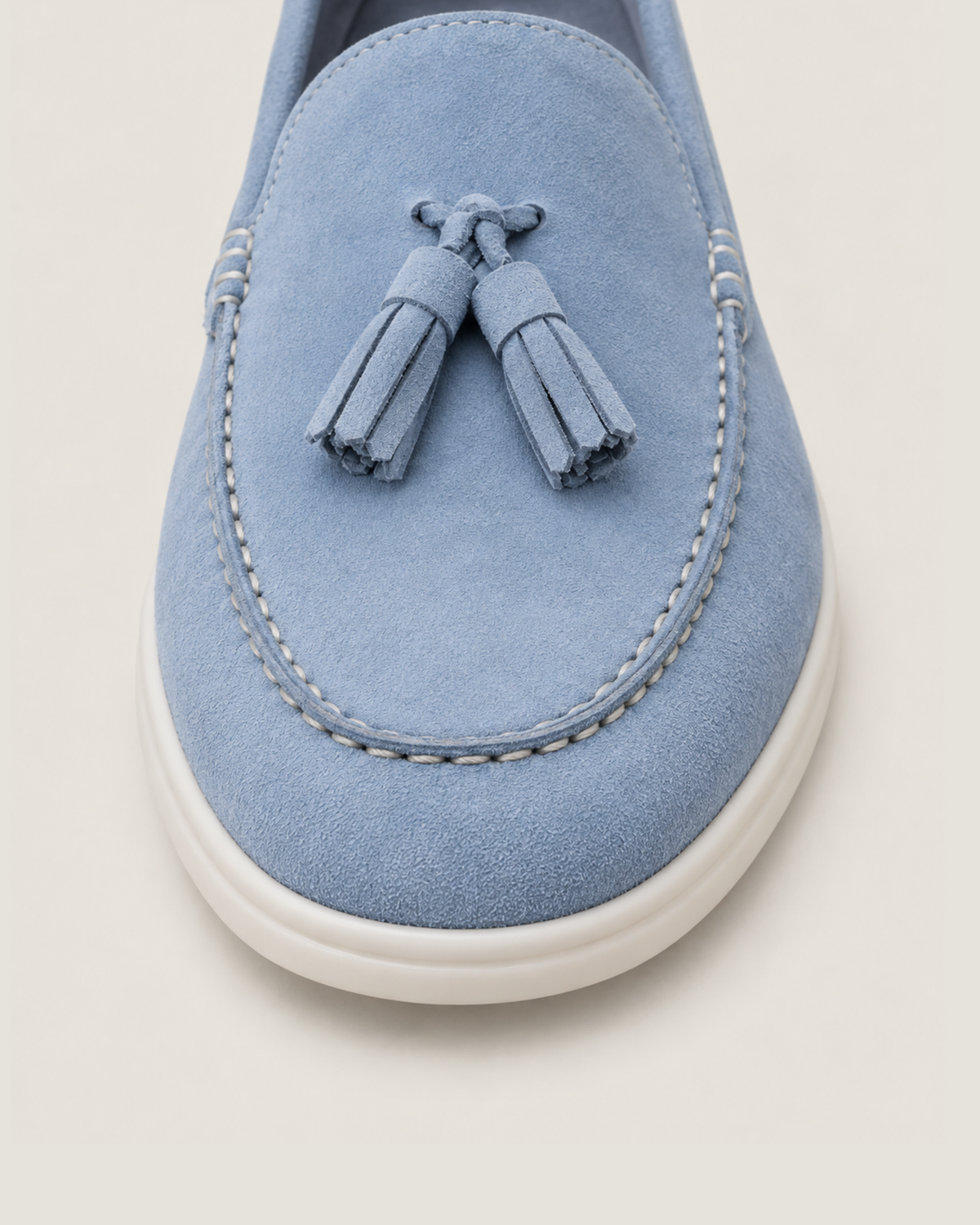 The Emmaus Loafer in Capri Mist, stitched moc toe and leather tassels detail