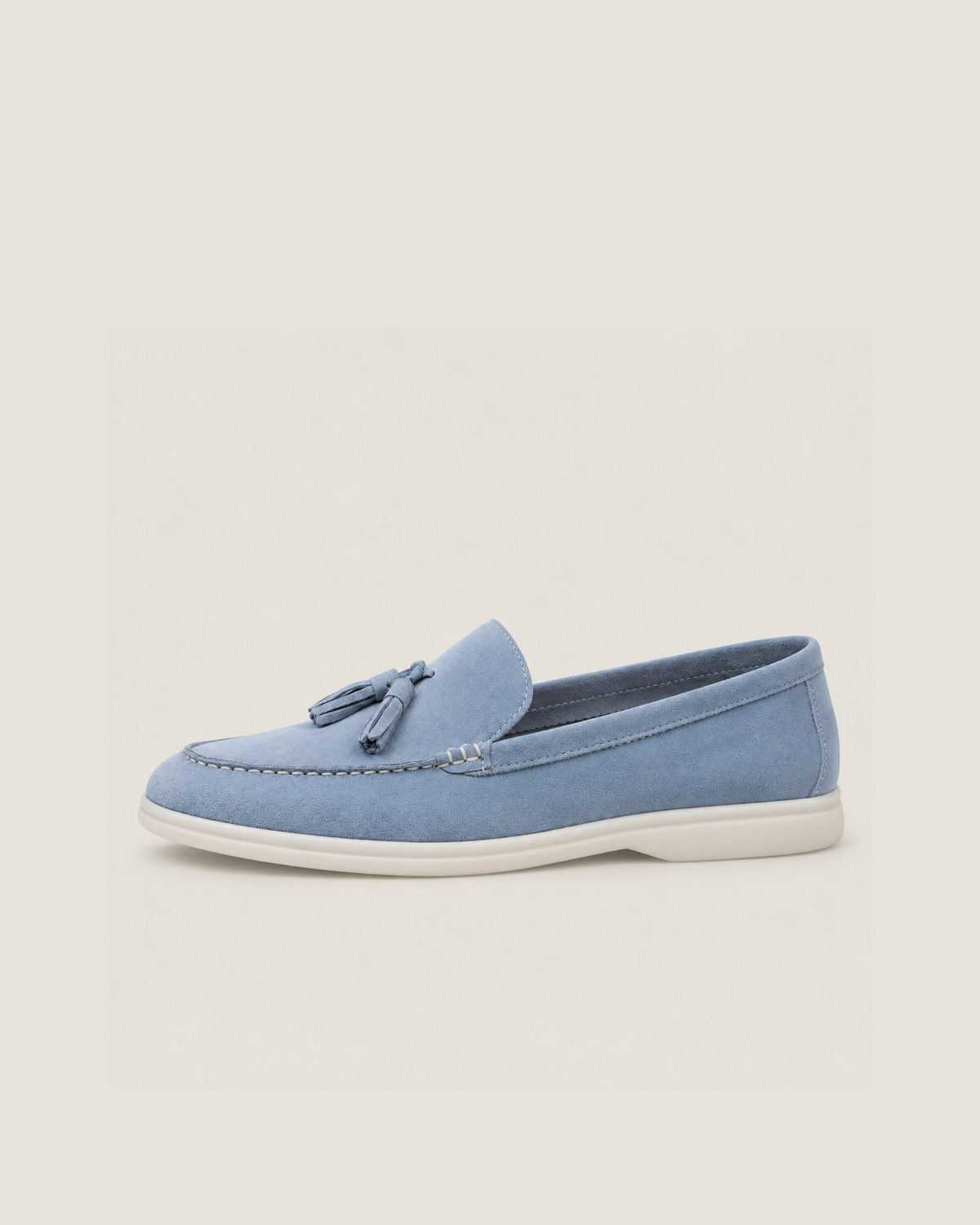 The Emmaus Loafer in Capri Mist, side profile with white rubber sole