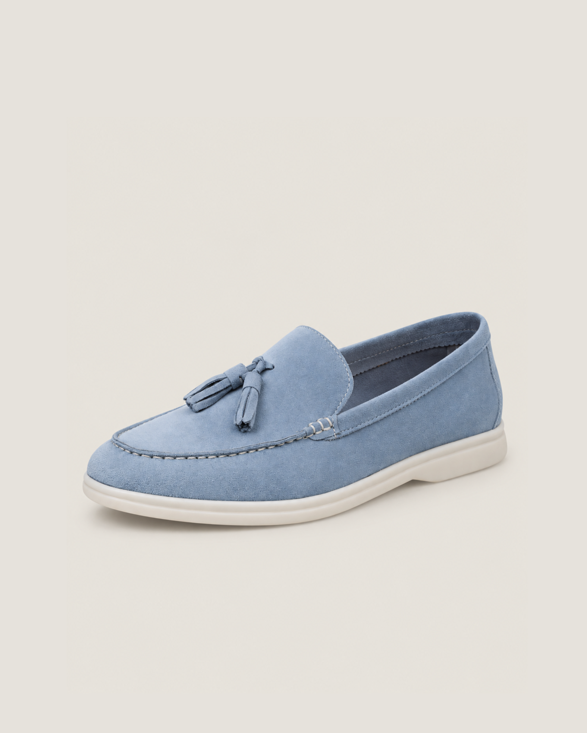 The Emmaus Loafer in Capri Mist, suede tassel loafer for men, three-quarter view