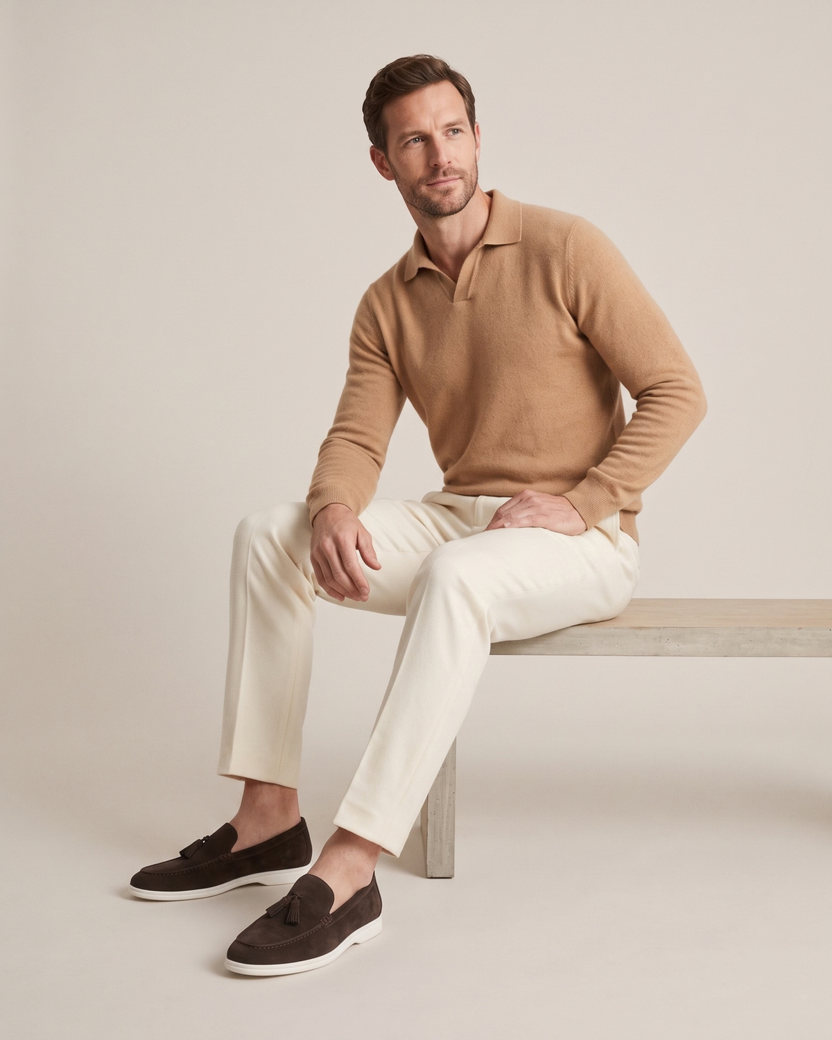 The Emmaus Loafer in Espresso, full look with camel knit polo and ivory trousers