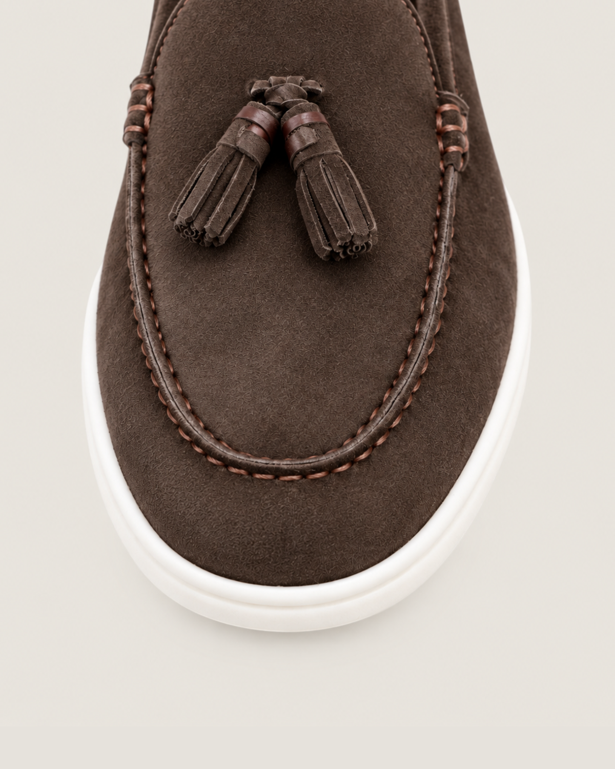 The Emmaus Loafer in Espresso, stitched moc toe and leather tassels detail