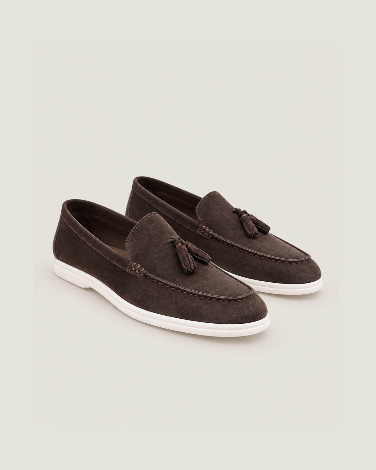 The Emmaus Loafer in Espresso, pair of suede tassel loafers