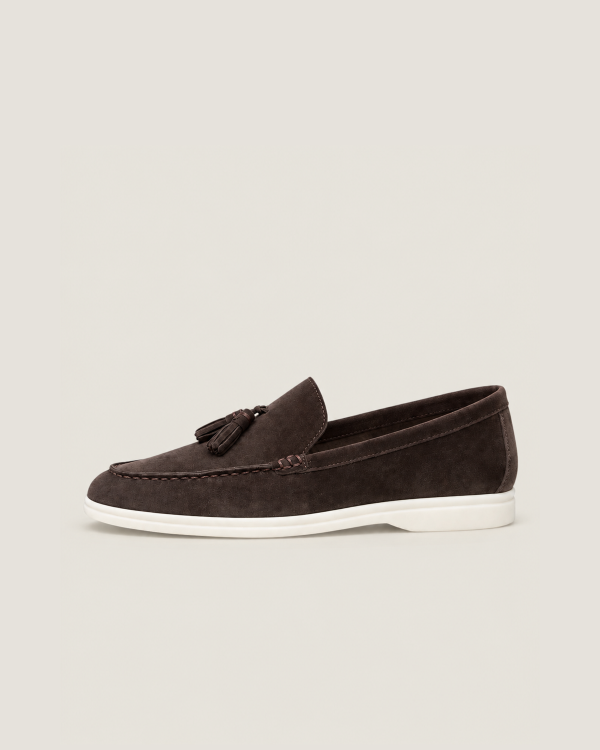 The Emmaus Loafer in Espresso, side profile with white rubber sole