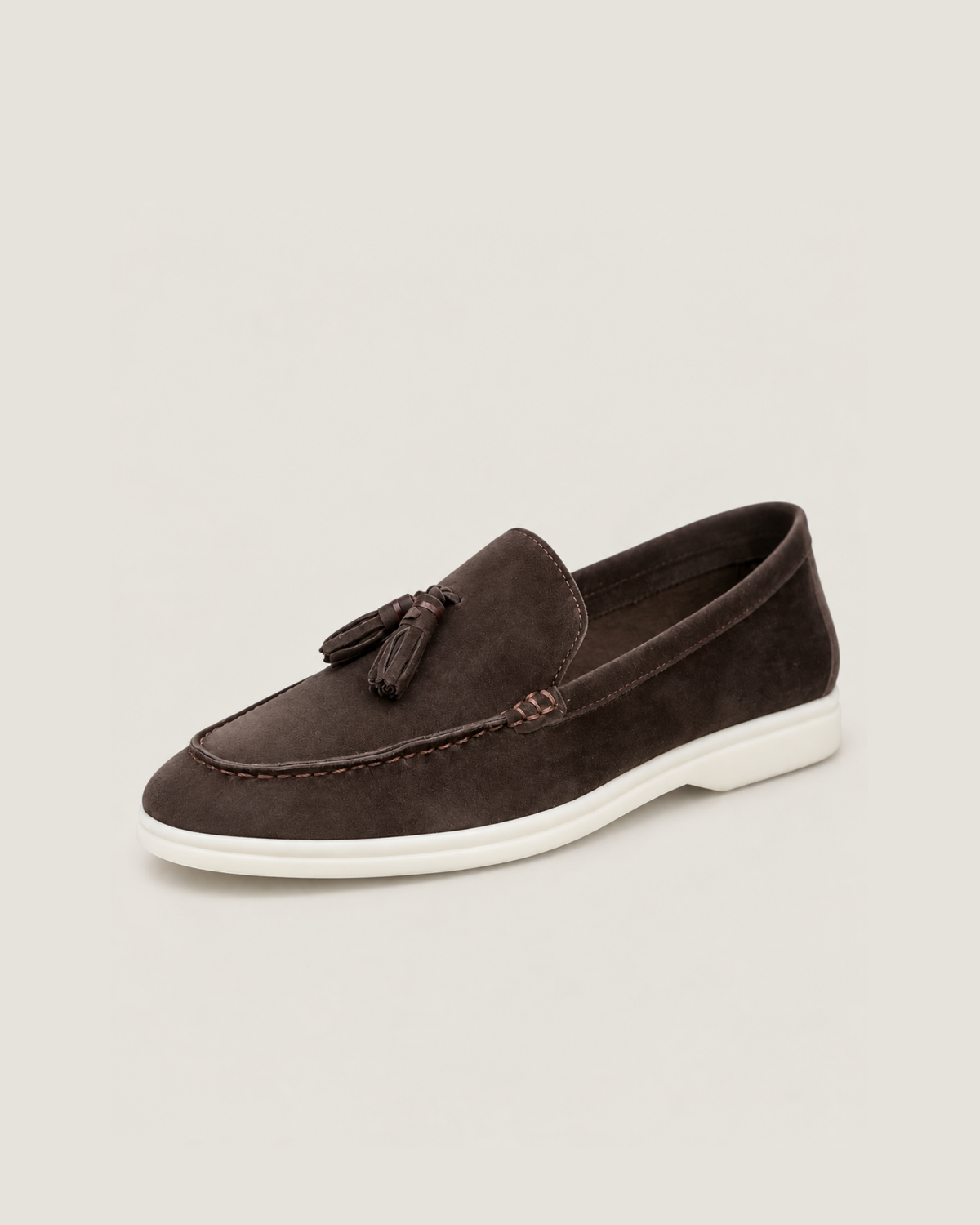 The Emmaus Loafer in Espresso, suede tassel loafer for men, three-quarter view