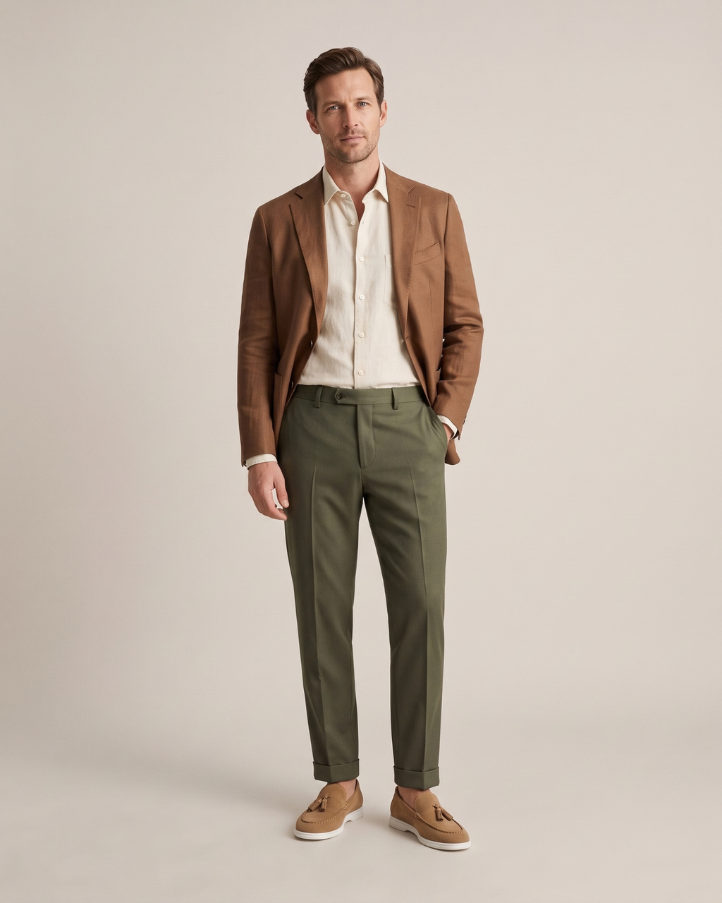 The Emmaus Loafer in Siena Camel, full look with tobacco linen blazer, ivory shirt and olive trousers