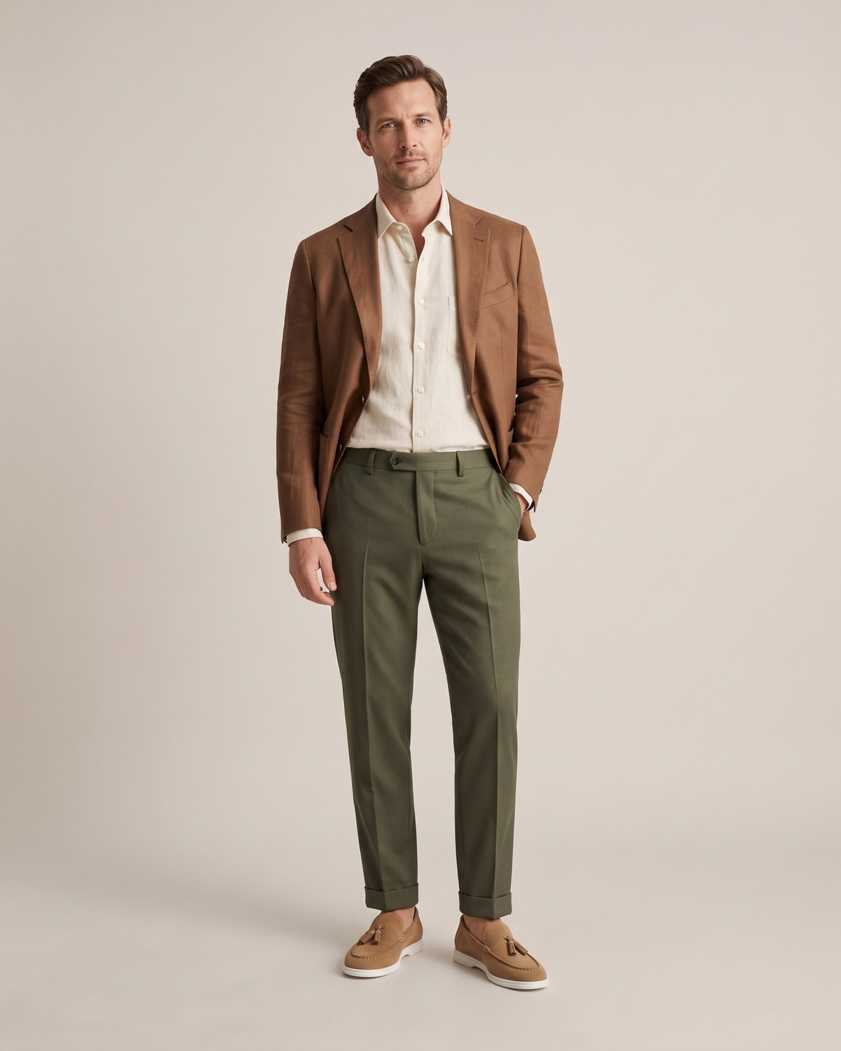 The Emmaus Loafer in Siena Camel, full look with tobacco linen blazer, ivory shirt and olive trousers