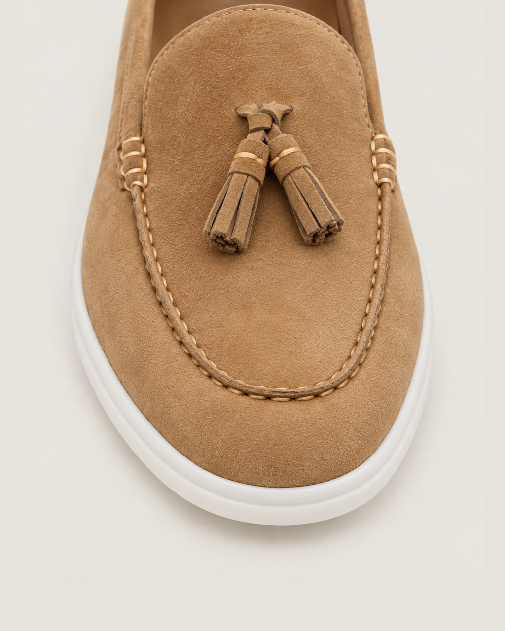The Emmaus Loafer in Siena Camel, stitched moc toe and leather tassels detail
