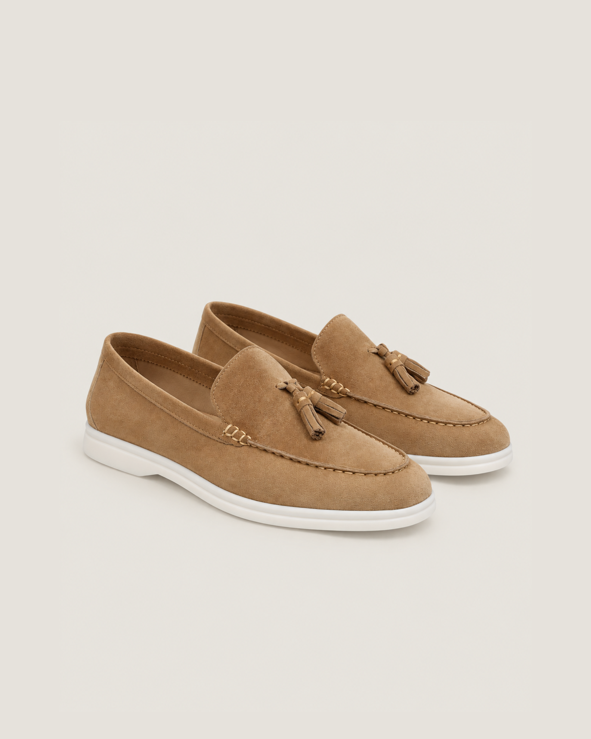 The Emmaus Loafer in Siena Camel, pair of suede tassel loafers