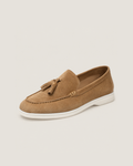The Emmaus Loafer in Siena Camel, suede tassel loafer for men, three-quarter view
