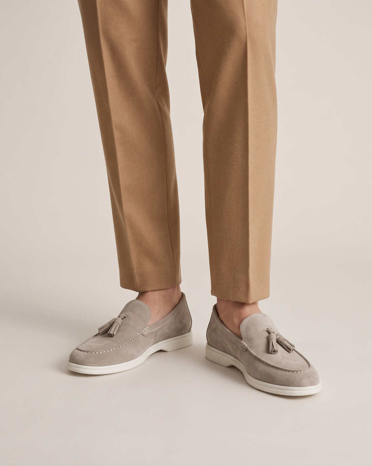 The Emmaus Loafer in Taupe, worn with camel wool trousers
