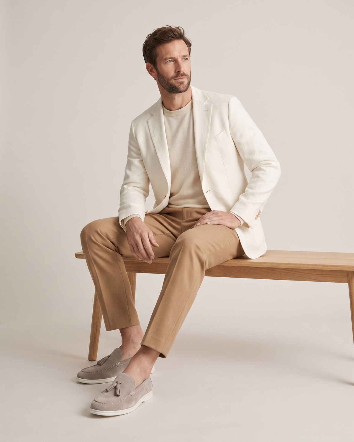 The Emmaus Loafer in Taupe, full look with ivory linen blazer, cream knit and camel trousers