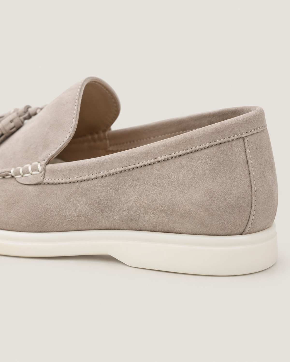 The Emmaus Loafer in Taupe, heel and suede detail