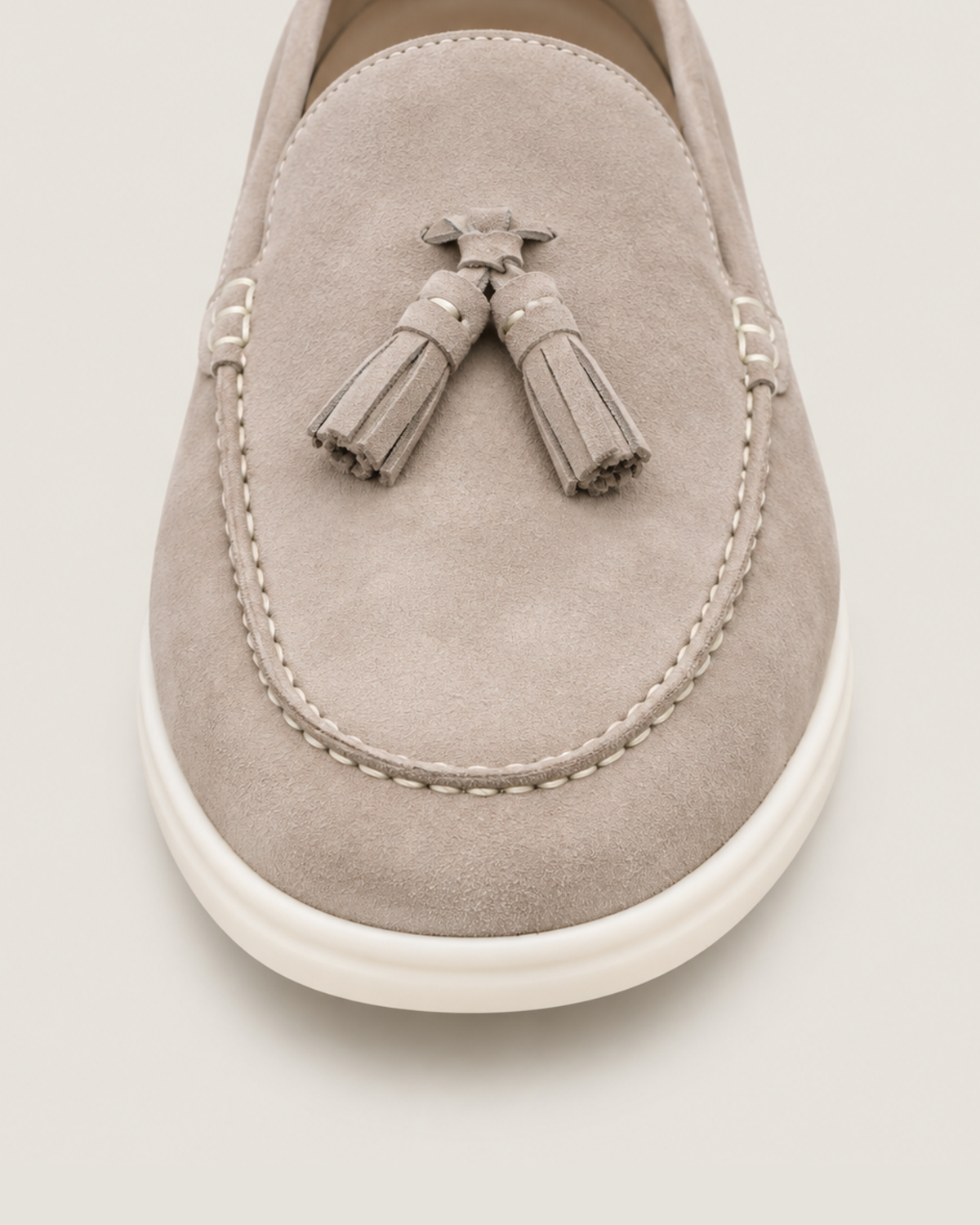 The Emmaus Loafer in Taupe, stitched moc toe and leather tassels detail